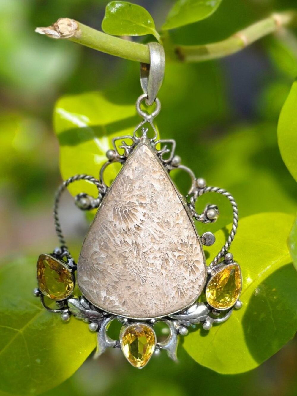 Artisan Fossil Coral Citrine Sterling Silver Pendant Gothic Victorian Gem NWOT